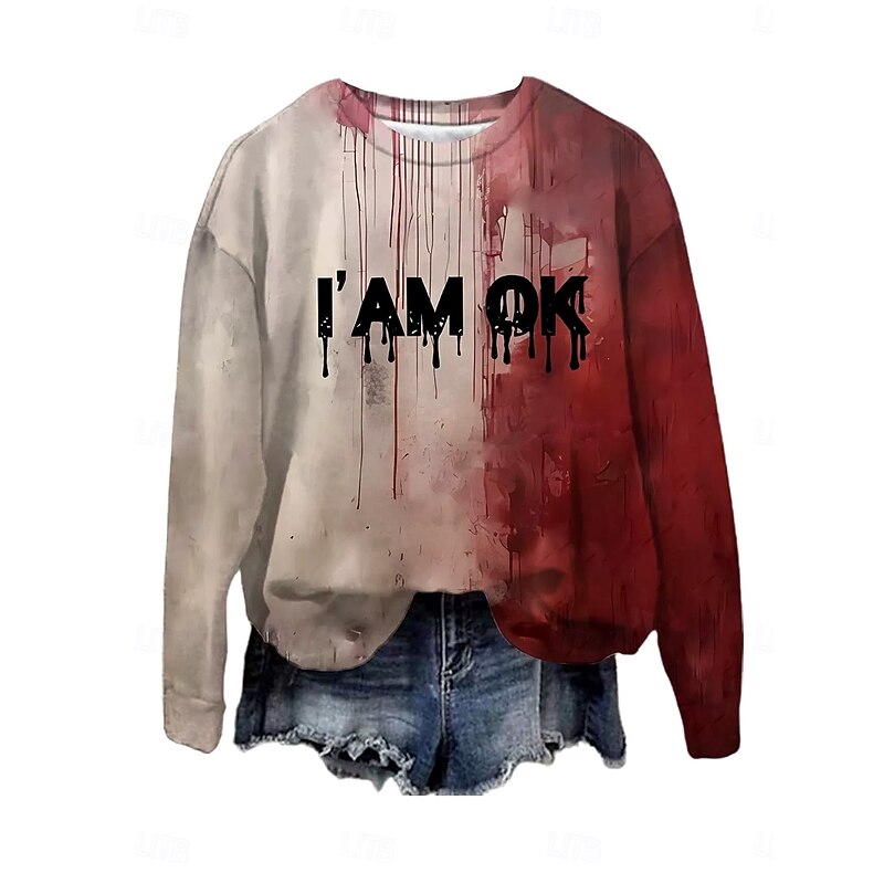 Halloween Women's Pullover Sweatshirt Letter Punk Retro Casual Long Sleeve Crew Neck Regular Tops Party Evening Wear Street Casual Print Wine Red Khaki Spring Fall Winter2