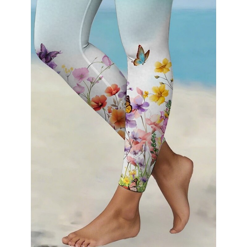 Women's Pants Trousers Leggings Cozy Leggings Streetwear Casual Full Length High Waist Butterfly Elastic Waist Print Breathability Comfortable Stretchy Vacation Street Daily Wear Blue Summer Spring2