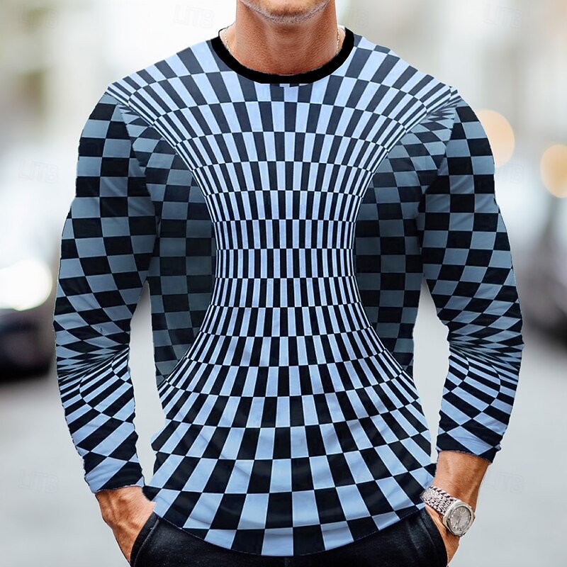 Men's Checkered 3D T Shirt Long Sleeve T shirt 3D Print Crew Neck Shirt Fashion Exaggerated Street Casual Daily Yellow Pink Blue Summer Spring Fall Clothing Apparel S M L XL XXL XXXL