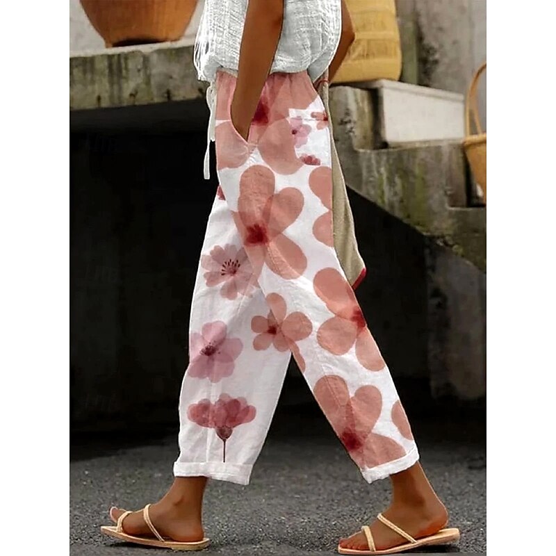 Women's Chinos Vacation Vintage Ethnic Style Ankle-Length High Waist Floral Graphic Pocket Soft Outdoor Breathable Inelastic Vacation Street Causal Light Pink Cream Sky Blue Summer Spring Fall Loose3