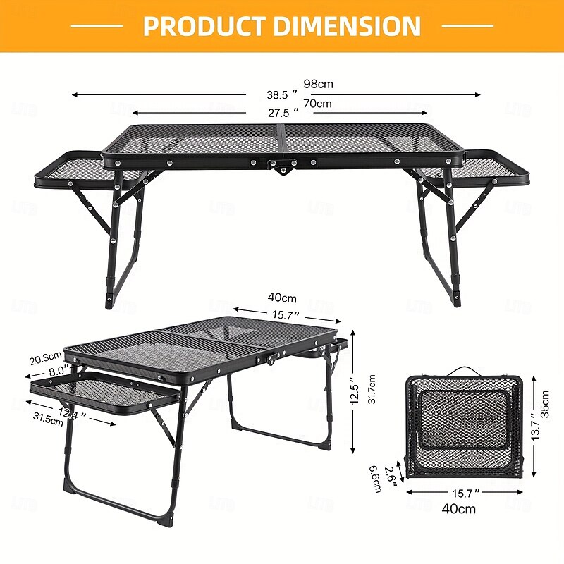 Portable Folding Camping Table with Adjustable Height  Featuring Two Wing Panels And a Mesh Top Perfect for Outdoor Grilling Picnics Barbecues Beaches And Camping Sturdy Metal Build Expandable3