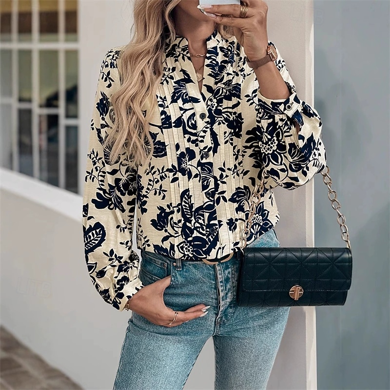 Women's Shirt Flower Daily Stylish Basic Long Sleeve High Neck Regular Tops Work Daily Holiday Buttons Navy Blue Spring Fall