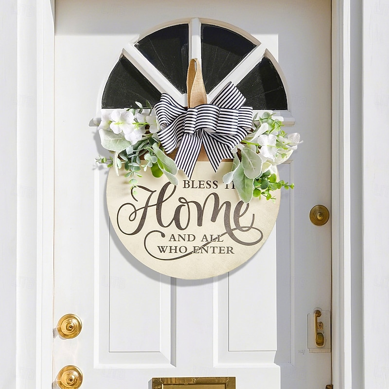 Farmhouse HOME Welcome Sign Wooden Front Porch Hanging Decor with Faux Flowers and Bowknot, Rustic Yard Door Wall Plaque