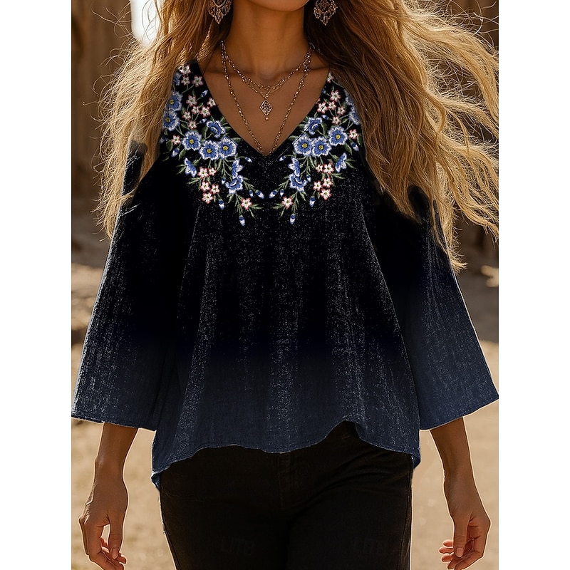 Women's Blouse Graphic Paisley Bohemia Vintage Stylish 3/4 Length Sleeve V Neck Regular Tops Daily Black Red Blue Fuchsia Green Summer Spring Fall3