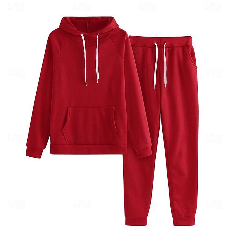 Women's Fashion Streetwear Daily Pants Sets Long Sleeve Hooded Solid Color Casual Daily Black Pink Red Summer Regular Fit