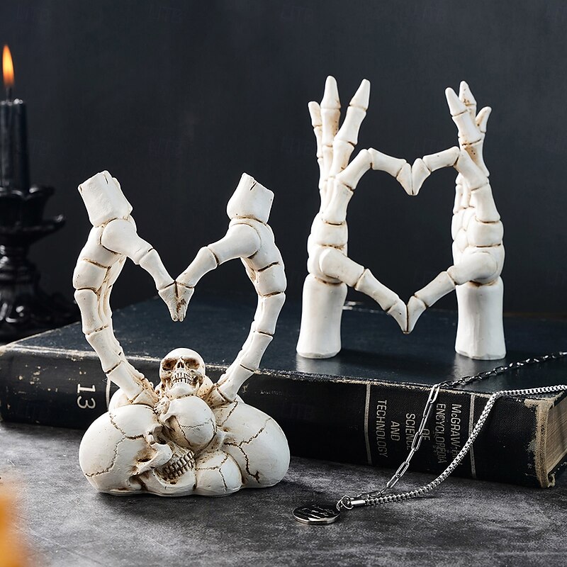 Halloween Resin Skeleton Heart Hands Decor, Skull Head with Skeleton Hands Forming Heart Shape, Spooky Tabletop Decoration for Halloween Party and Home Holiday Display4