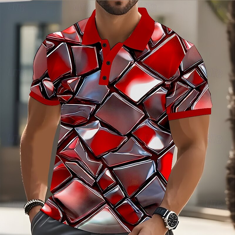 Men's Geometic Polo Short Sleeve Polo Shirts Collared Shirts Casual Outdoor Street Athleisure 3D Print Buttons Summer Red Blue Green3