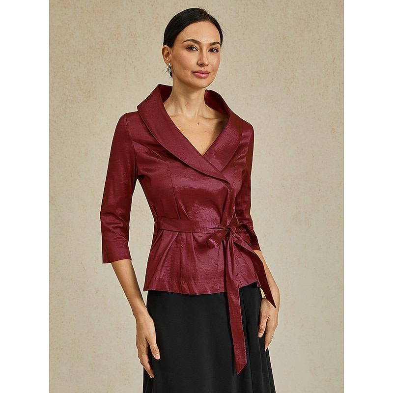 Women's Blouse Evening Tops Elegant Metallic Stylish 3/4 Length Sleeve V Neck Regular Tops Wedding Guest Evening Party Semi Formal Tie Front Wine Spring, Fall, Winter, Summer - Main Image