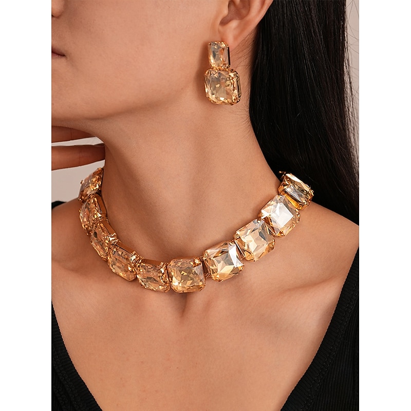 Women's Gold Crystal Jewelry Set - Chunky Rhinestone Choker Necklace and Drop Earrings for Glamorous Party and Evening Wear