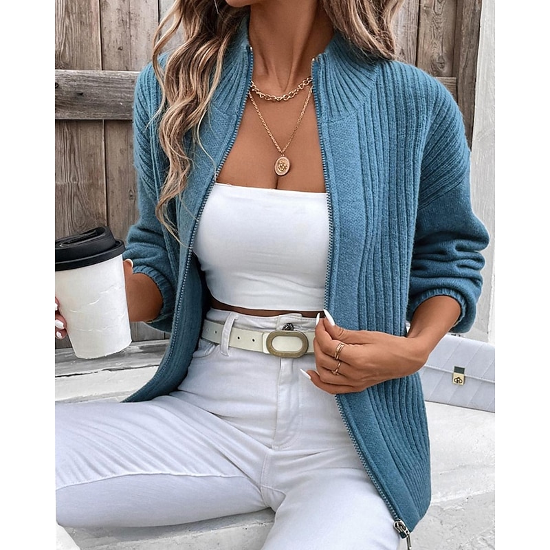 Women's Sweater Cardigan Fashion Streetwear Daily Solid Color Ribbed Stand Collar Zipper Knitted Long Sleeve Regular Tops Knit Holiday Going out Weekend Blue Fall Winter2