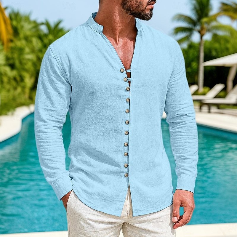 Men's Shirt Linen Shirt Summer Shirt Casual Shirt Button Up Shirt Plain Vacation Curise Black White Pink Orange Long Sleeve Mandarin Collar Summer Spring Clothing Apparel