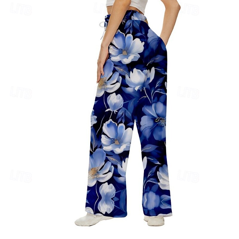 Women's Wide Leg Slacks Streetwear Casual Full Length Natural Flower Print Elastic Drawstring Design Soft Street Holiday Weekend Navy Fall Regular Fit2