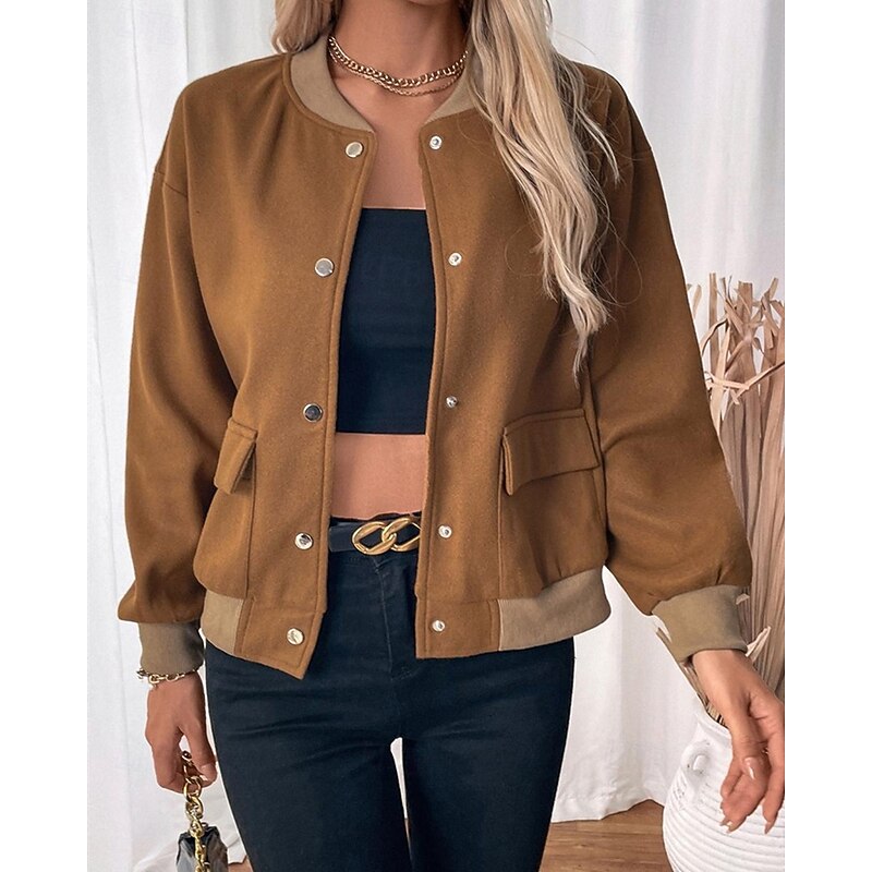 Women's Casual Jacket Varsity Jacket Comfortable Breathable Pocket Buttons Fashion Modern Casual Color Block Going out Weekend Single Breasted Regular Stand Collar Regular Fit Long Sleeve Outerwear