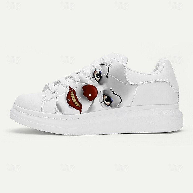 Men's White Sneakers with Evil Clown Face Print – Scary Halloween Shoes for Horror Fans and Party-Goers3