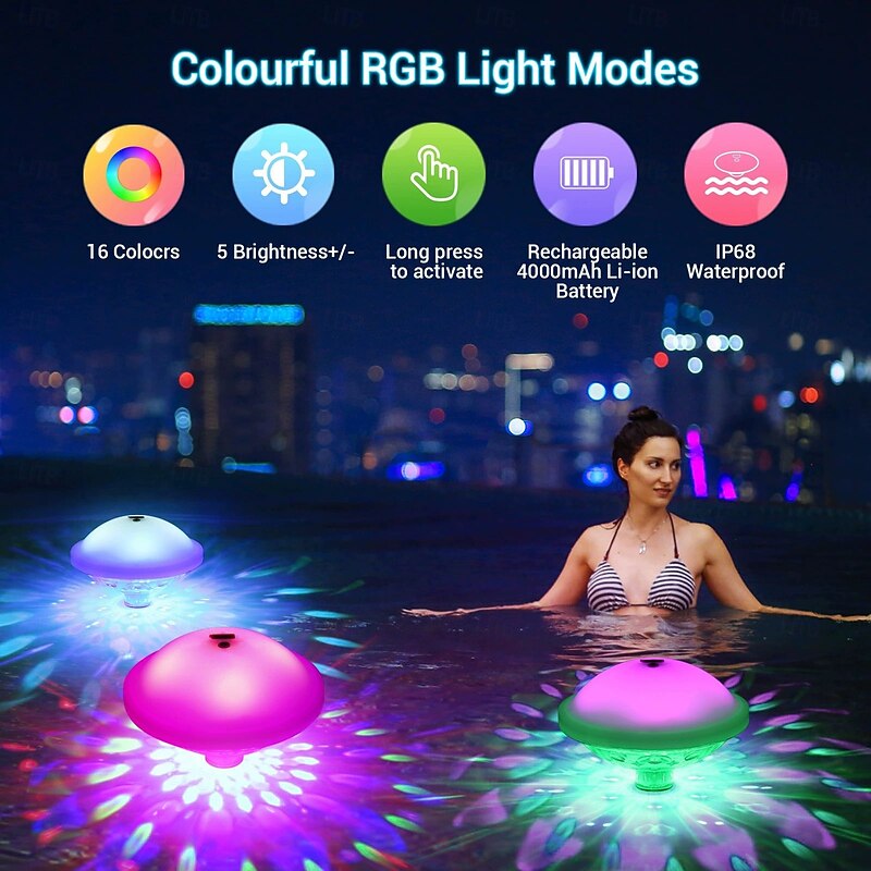1/2 Pcs 2025 New Creative USB Rechargeable Pool Floating Light RGB 7 Colors Changing Night Light  IP68 Waterproof  Wedding Party Holiday Pool Bathtub Ambient Light3