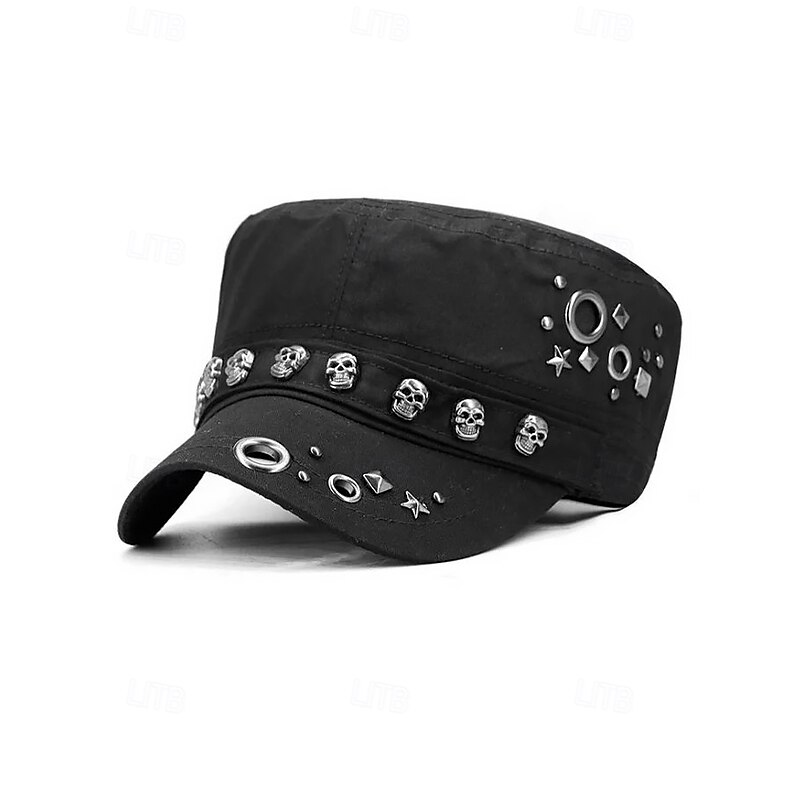 Men's Skull Studded Cotton Military Cap – Adjustable Punk Rock Style Halloween Hat for Cosplay, Parties and Casual Streetwear3
