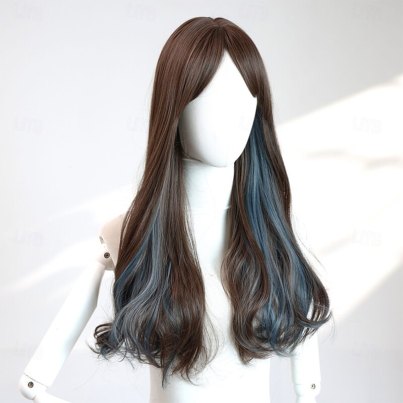 22-Inch Black and Blue Two-Tone Wavy Wig for Women – Full Bangs, Long Hair, Perfect for Halloween, Cosplay, and Fashion Looks3