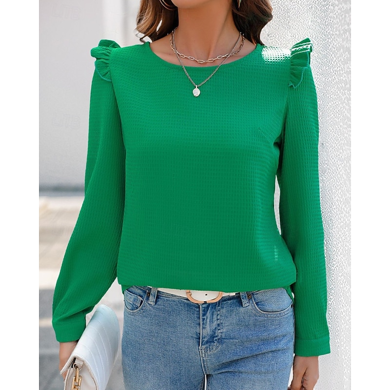 Women's Texture Blouse Blouse Plain Modern Casual Long Sleeve Crew Neck Regular Tops Daily Holiday Ruffle Green Fall