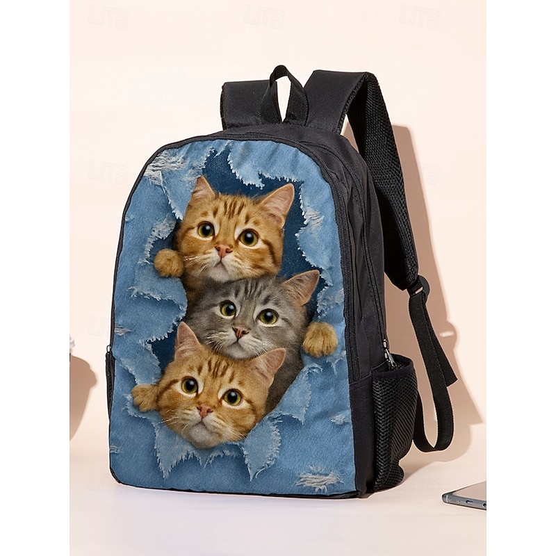 Cute cat print backpack for kids and teens - Denim style, Double layer design, Large capacity, Suitable for school or travel3