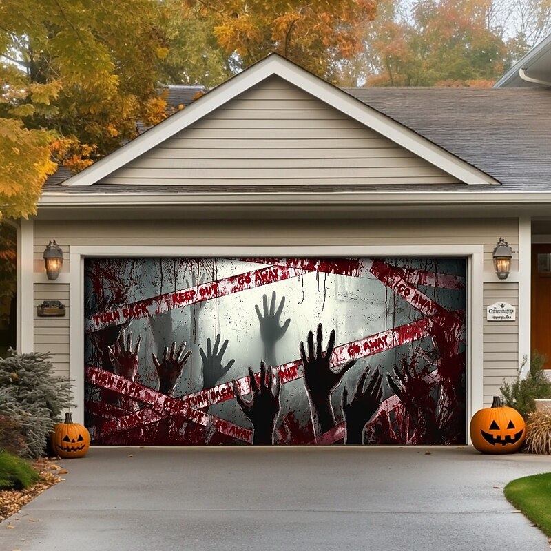 Halloween Garage Door Cover – Bloody Handprints & Horror Scene, Scary Outdoor Decoration for 2025 Halloween Home Front Yard
