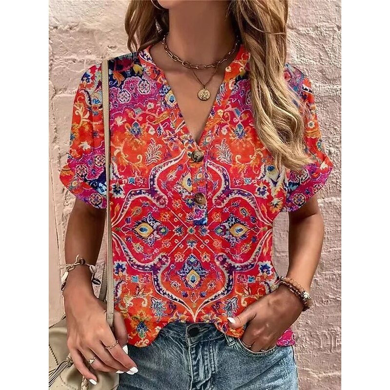 Women's Blouse V Neck Floral Graphic Vintage Stylish Casual Short Sleeve Regular Tops Daily Buttons Print Red Blue Green Red and Pink Red / Blue Summer Spring3