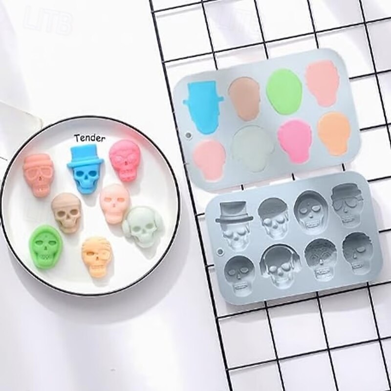 2 Pack Halloween Skull Silicone Molds, Assorted Skull Designs Baking Molds for Cake, Ice Cubes, Candy, Wax, Resin – Reusable Silicone Tray for Halloween Party DIY Crafts2