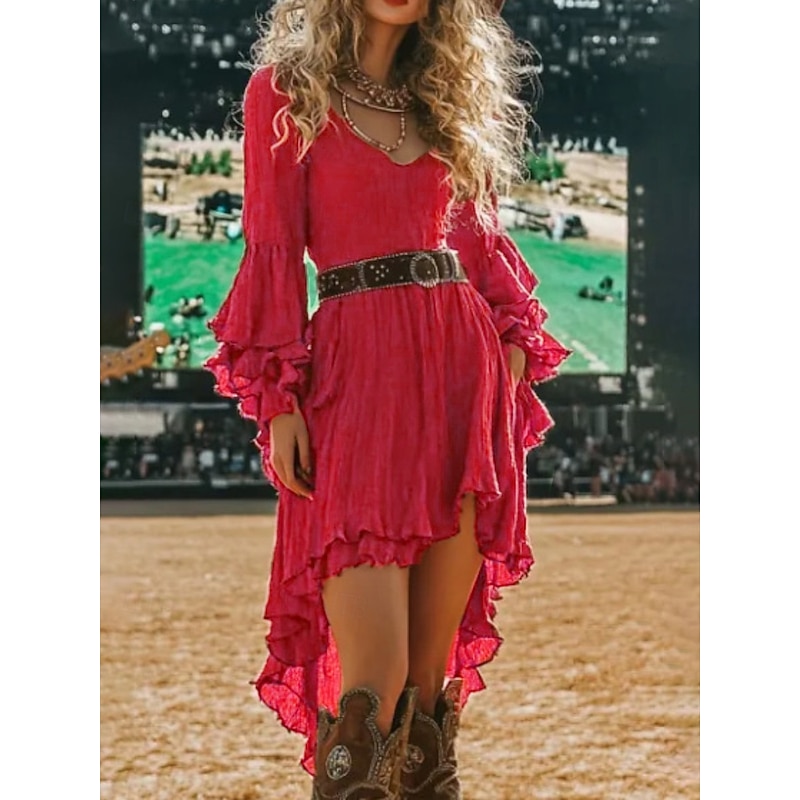 Women's Mini Dress Boho Dress Western Dress Fashion Classic Modern Outdoor Holiday Going out Regular Fit Plain Long Sleeve V Neck Red Summer