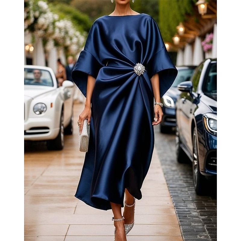 Women's Midi Dress Satin Dress Semi Formal Dress Elegant Fashion Modern Daily Date Weekend Regular Fit Plain Half Sleeve Crew Neck Pink Wine Navy Blue Green Spring Fall2