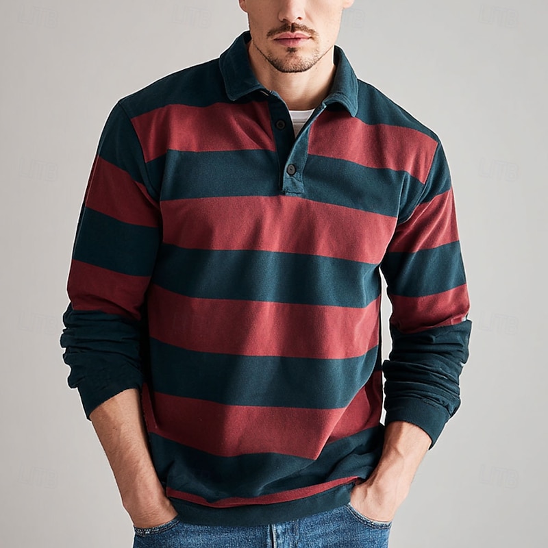 Men's Horizontal Stripes Rugby Polo Long Sleeve Polo Shirts Collared Shirts Sportswear Casual School Outdoor Athleisure 3D Print Spring Fall Winter Red Blue Brown2