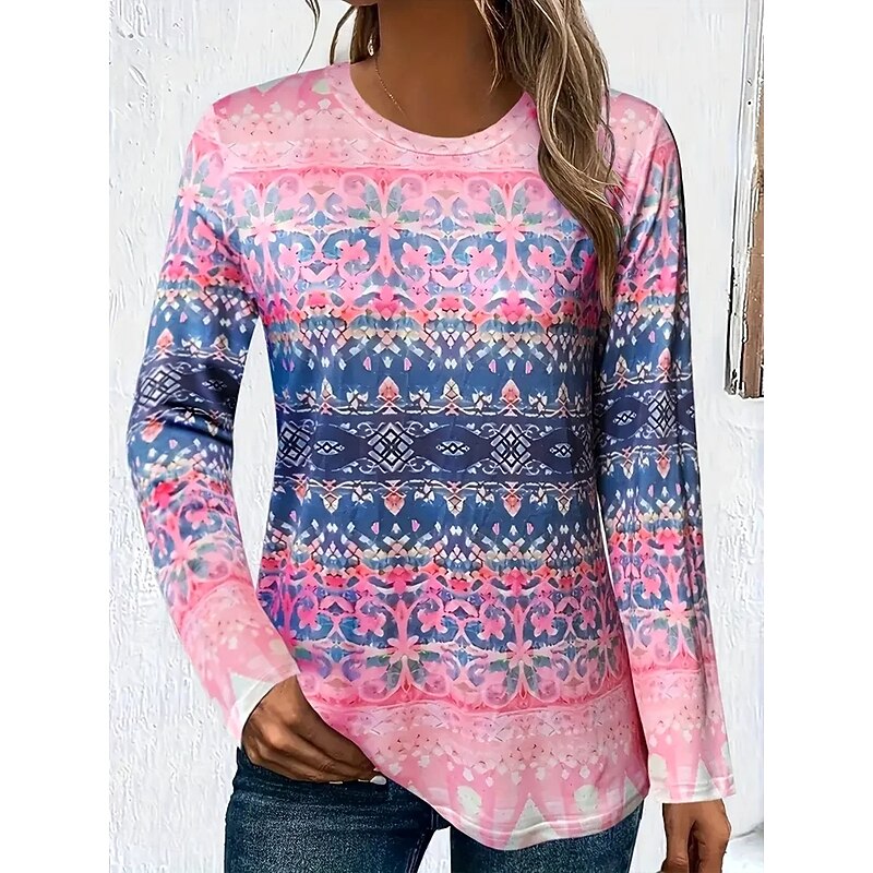 Women's T shirt Crew Neck Long Sleeve Tunic Graphic Geometric Striped Vintage Stylish  Round Neck Regular Tops Daily Print Pink Fall
