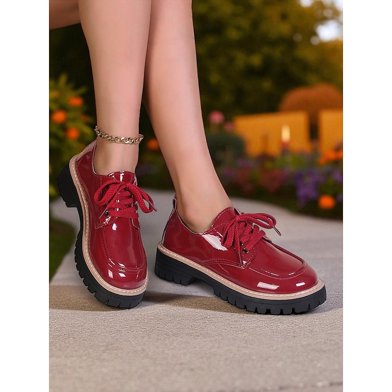 Women's Red Patent Leather Oxford Shoes – Chunky Sole Lace-Up Flats for Daily Wear, School & Urban Street Style4
