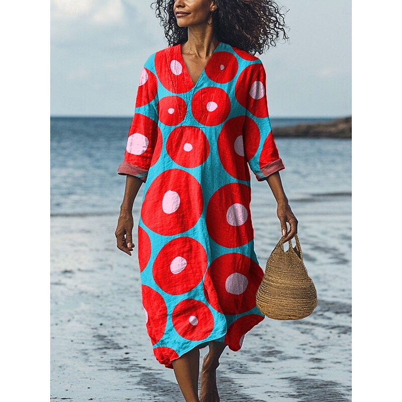 Women's Midi Dress V Neck Long Sleeve Kaftan Lightweight Loose Fit A Line Dress Casual Going out Loose Fit Graphic Geometric Long Sleeve V Neck Dark Red Yellow Blue Green Fall2