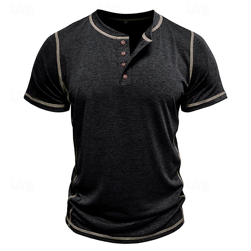 Men's Henley Shirt Cotton Shirt Tee Short Sleeve Solid Color Plain Solid Fashion Designer Casual Color Block Buttons Henley Outdoor Casual Daily Summer Dark Grey Black Blue Henley T-Shirt4