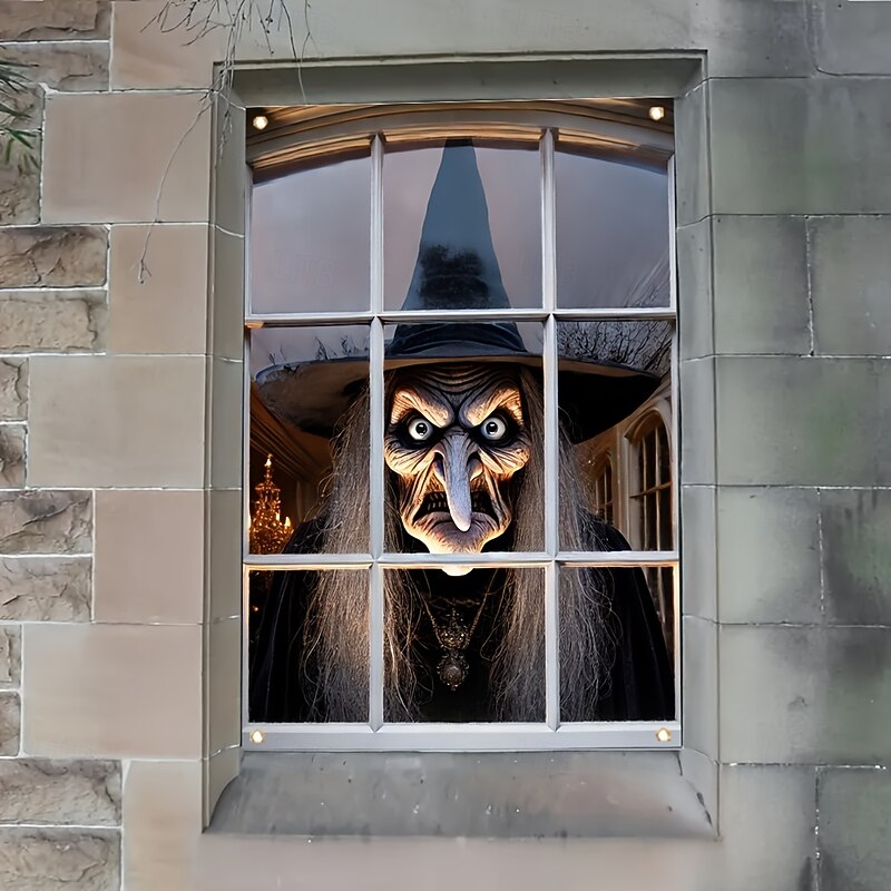 2D Door Banner 1pc Spooky Halloween Witch Polyester Window Door Banner - Multipurpose Durable Washable No Electricity Needed Indoor/Outdoor Use4