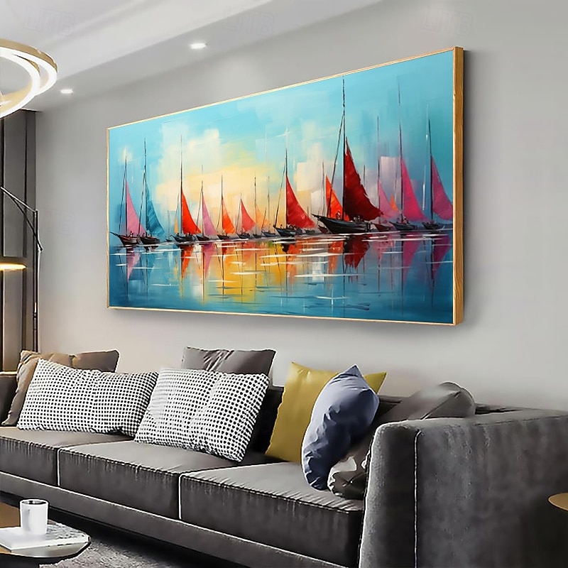 Handmade Oil Painting Canvas Wall Art Decoration Modern Abstract Sailing Boat Landscape for Living Room Home Decor Stretched Frame Hanging Painting/Rolled Frameless Unstretched Painting3