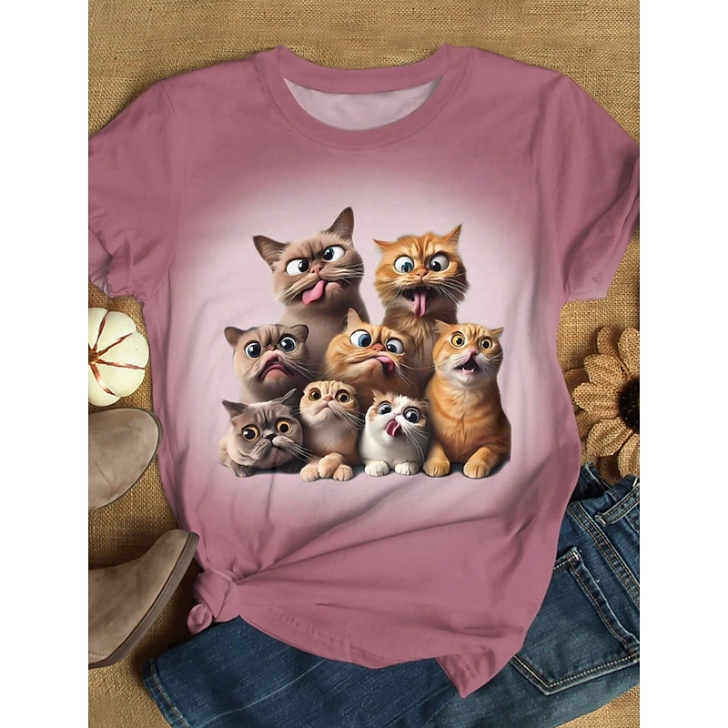 Women's T Shirt Graphic Animal Cat Vintage Stylish Classic Short Sleeve Crew Neck Round Neck Regular Tops Daily Print Black Pink Blue Green Summer Spring