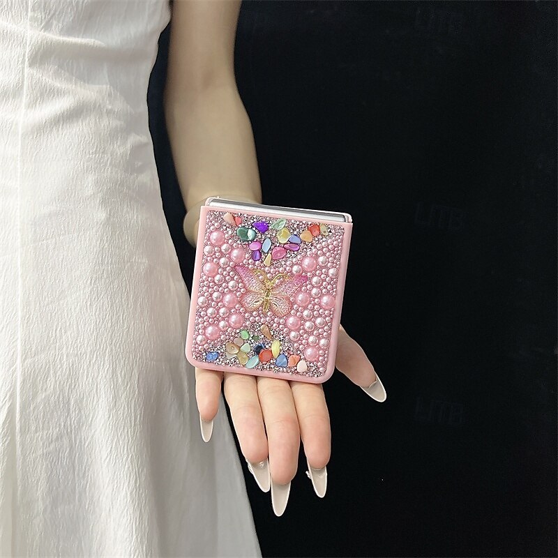 Phone Case For Samsung Galaxy Z Flip 7 Z Flip 6 Z Flip 5 Z Flip 4 Back Cover with Lanyard Bling Glitter Shiny Shockproof Butterfly Retro PC2
