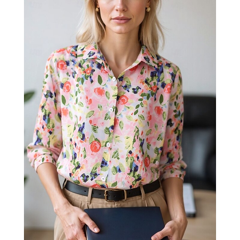 Women's Blouse Dressy Tops Chiffon Tops Floral Color Block Elegant Daily Stylish Long Sleeve Shirt Collar Regular Tops Work Daily Buttons Print Yellow Pink Red Brown Beige Spring, Fall, Winter, Summer