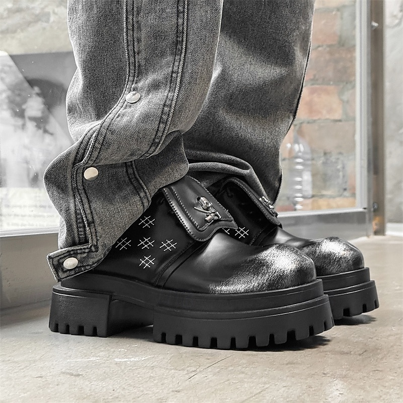 Men's Skull Buckle Platform Loafers – Gothic Punk Slip-On Shoes with Cross Stitch Detail for Halloween & Alternative Style2