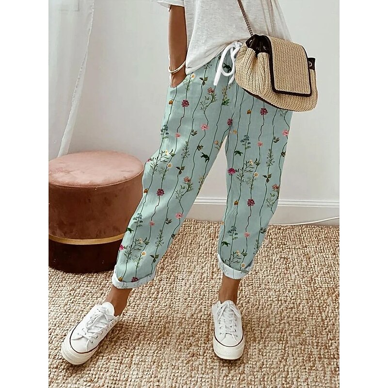 Women's Chinos Vacation Vintage Ethnic Style Ankle-Length High Waist Floral Graphic Striped Pocket Soft Outdoor Breathable Inelastic Vacation Street Causal Light Green Summer Spring Fall Loose Fit
