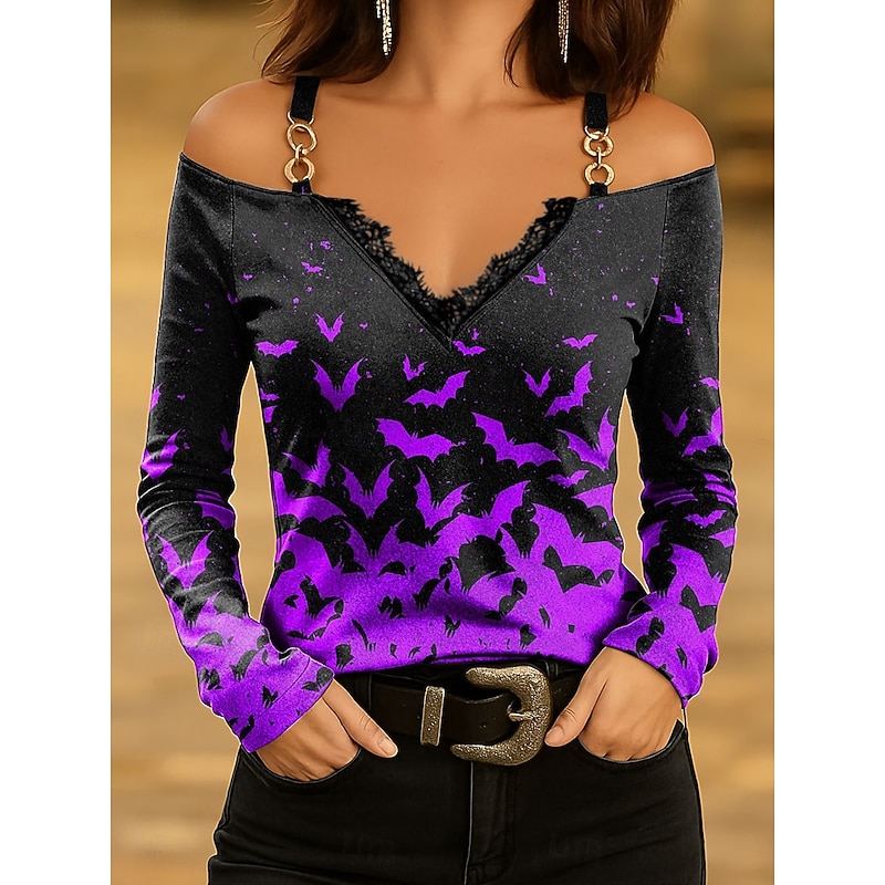 Halloween Women's T shirt Bat Long Sleeve Ombre Graphic Vintage Stylish Classic Long Sleeve V Neck Regular Tops Daily Lace Print Pink Blue Purple Orange Green Spring Fall Prefall3