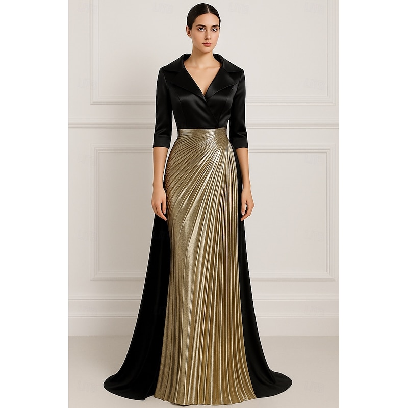Black Gold A-Line Evening Gown Elegant Dress Formal Wedding Floor Length Long Sleeve LapelMother Of the Bride Dress Satin with Glitter Pleats