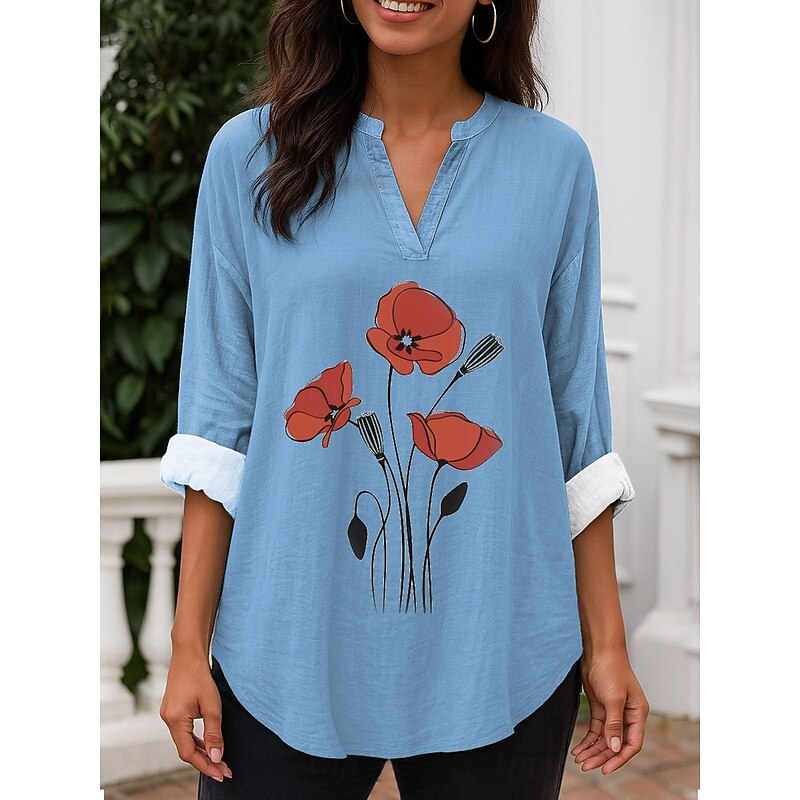 Women's Blouse Tunic V Neck Long Sleeve Boho Casual Tops Floral Graphic Vintage Daily Stylish Long Tops Daily Print White Blue Purple Green Gray Fall2