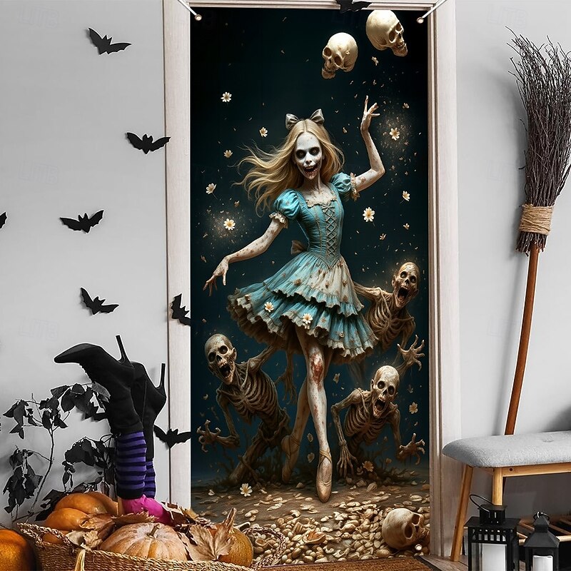Halloween Door Cover – Creepy Porcelain Doll in Blue Dress, Haunted House Entrance Banner, Scary Outdoor & Indoor Decoration for 2025 Halloween Bedroom, Living Room, Bathroom3
