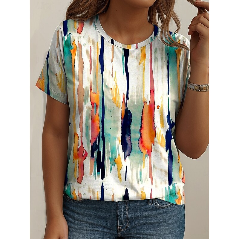 Women's Plus Size Tops T Shirt Graphic Abstract Print Short Sleeve Crew Neck Casual Daily Polyester Summer Spring White Blue3