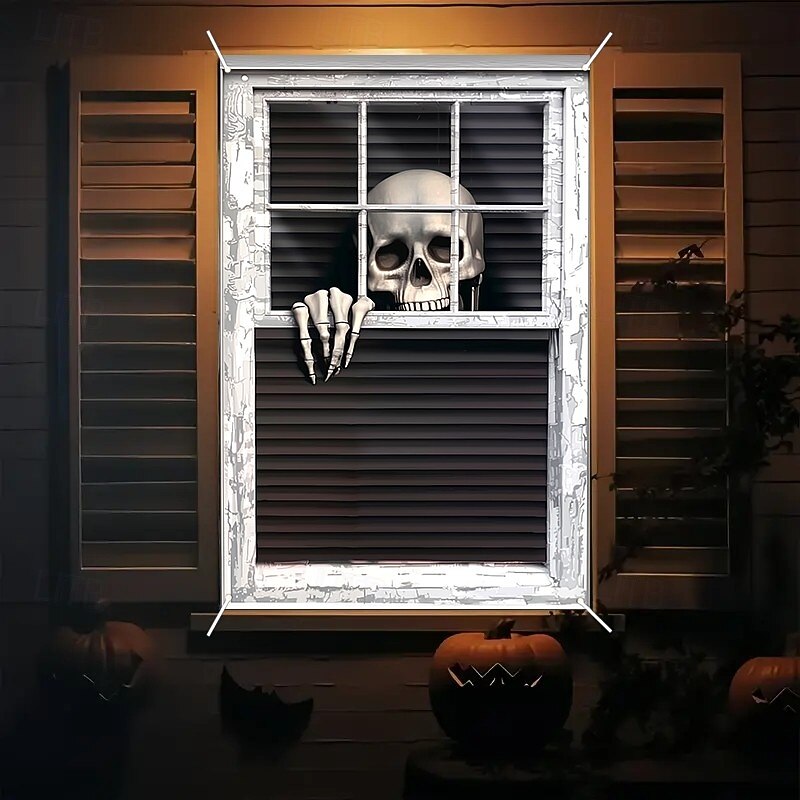 Halloween Window Curtain Skeleton Peeking Through Blinds, Scary Door Cover, Window cover,  Wall Tapestry for 2025 Halloween Spooky Home Decoration2