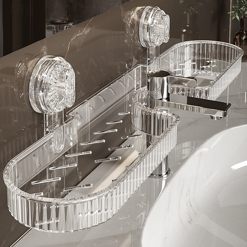 Clear Plastic Wall-Mounted Bathroom Organizer Shelf with Suction Cups No-Drill Removable Design Under-Sink Shelf Perfect for Vanity, Shower & Bathroom Essentials, Bathroom Organizers