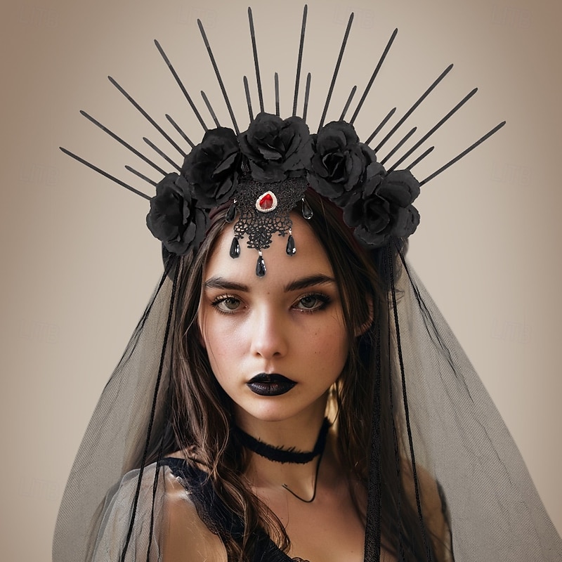 Ghostly Bride Black Rose Halloween Headband Crown with Veil Horror Scary Gothic Adults' Women's Halloween Carnival Performance Party Easy Halloween Costumes Dress Up4
