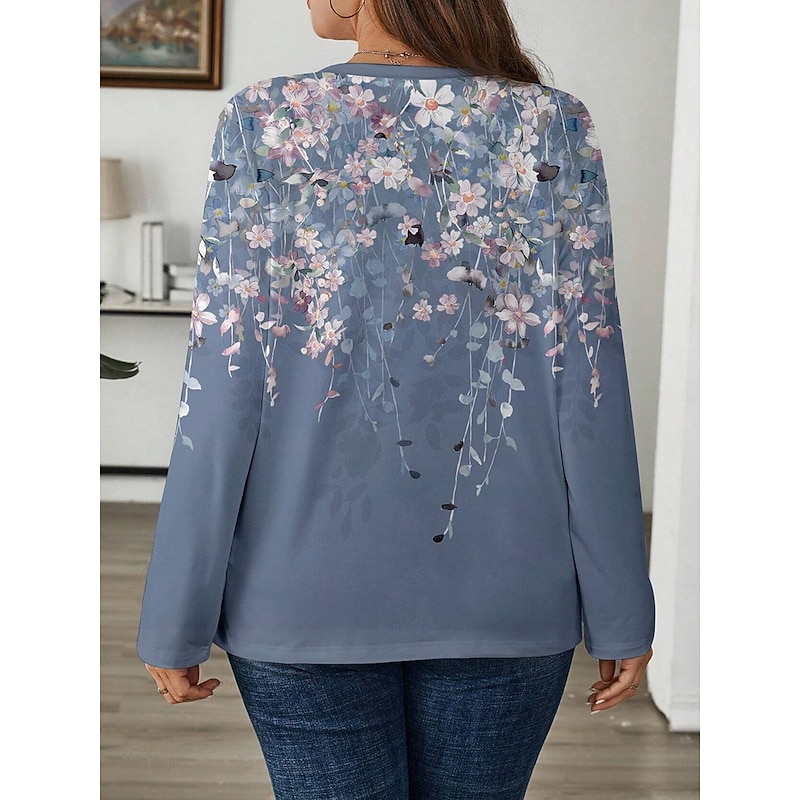 Women's Plus Size Tops T Shirt Floral Print Long Sleeve Crew Neck Casual Daily Polyester Fall Winter Black Pink2