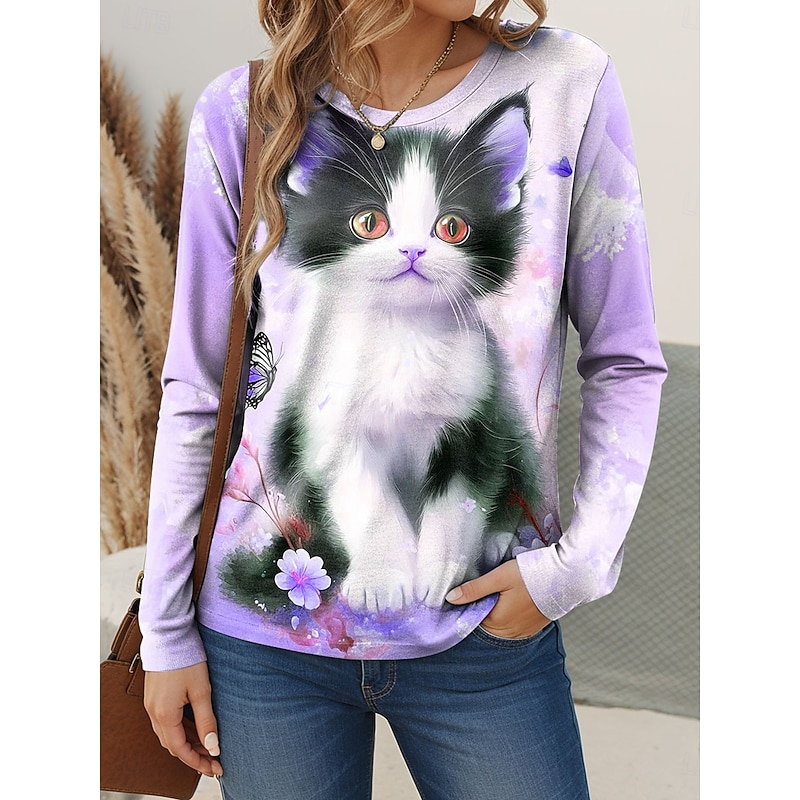Women's T shirt Crew Neck Long Sleeve Tunic Floral Graphic Cat Vintage Stylish Classic  Regular Tops Daily Weekend Print Pink Blue Purple Green Spring Fall3